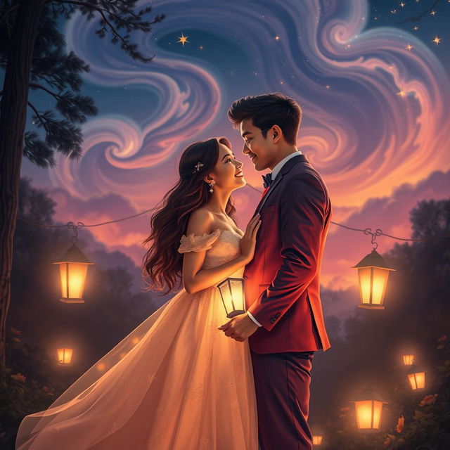 A semi-realistic romantic scene featuring a couple whispering sweet nothings to each other under a magical starlit sky, surrounded by an enchanting forest