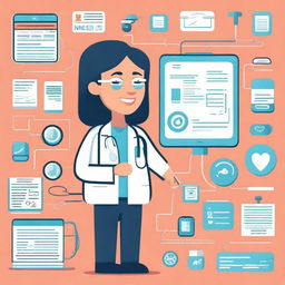 Create an engaging and colorful cartoon of digital health concepts, showing elements like wearable health monitors, telemedicine visits, and digital patient records