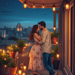 A semi-realistic romantic scene featuring two neighbors sharing an intimate moment on their shared balcony