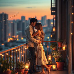 A semi-realistic romantic scene featuring two neighbors sharing an intimate moment on their shared balcony