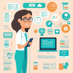 Create an engaging and colorful cartoon of digital health concepts, showing elements like wearable health monitors, telemedicine visits, and digital patient records