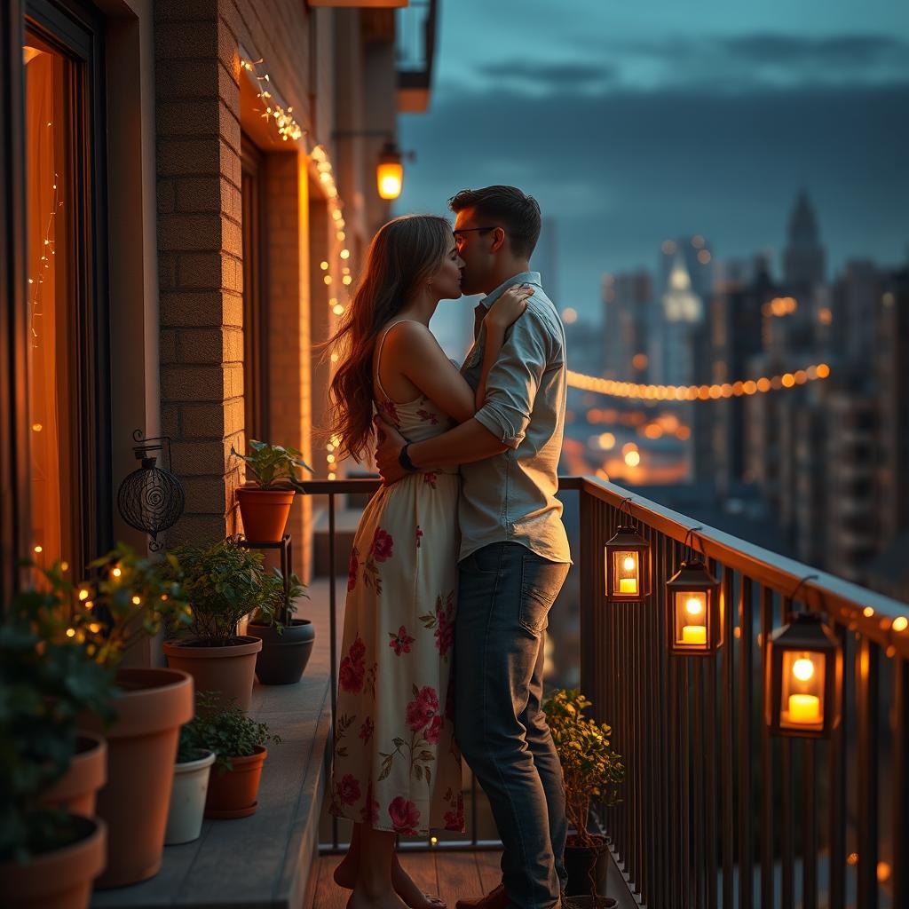 A semi-realistic romantic scene featuring two neighbors sharing an intimate moment on their shared balcony