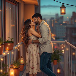A semi-realistic romantic scene featuring two neighbors sharing an intimate moment on their shared balcony