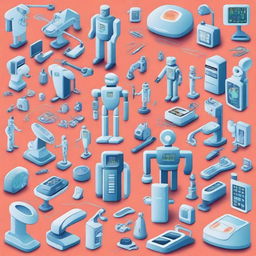 Vibrant, cartoon illustration of the medical technology industry featuring robots assisting in surgeries, advanced imaging devices, and wearable health monitors