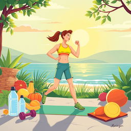 An inspiring illustration that represents the physical health aesthetic, showcasing an energetic and vibrant lifestyle
