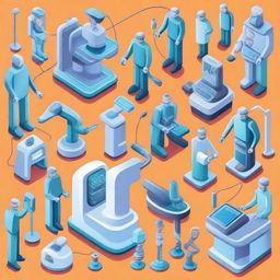 Vibrant, cartoon illustration of the medical technology industry featuring robots assisting in surgeries, advanced imaging devices, and wearable health monitors