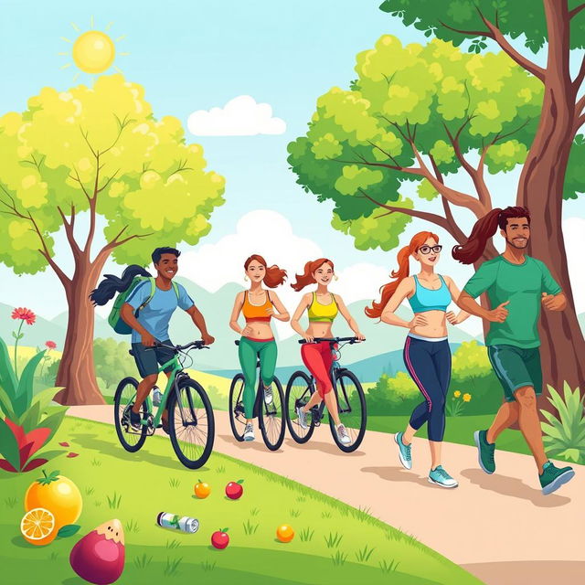 An engaging and dynamic illustration representing physical health, showcasing an active lifestyle that promotes fitness and well-being