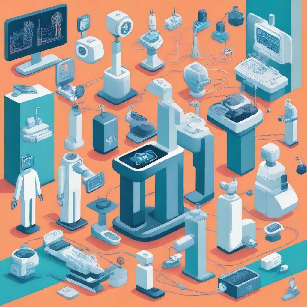 Vibrant, cartoon illustration of the medical technology industry featuring robots assisting in surgeries, advanced imaging devices, and wearable health monitors