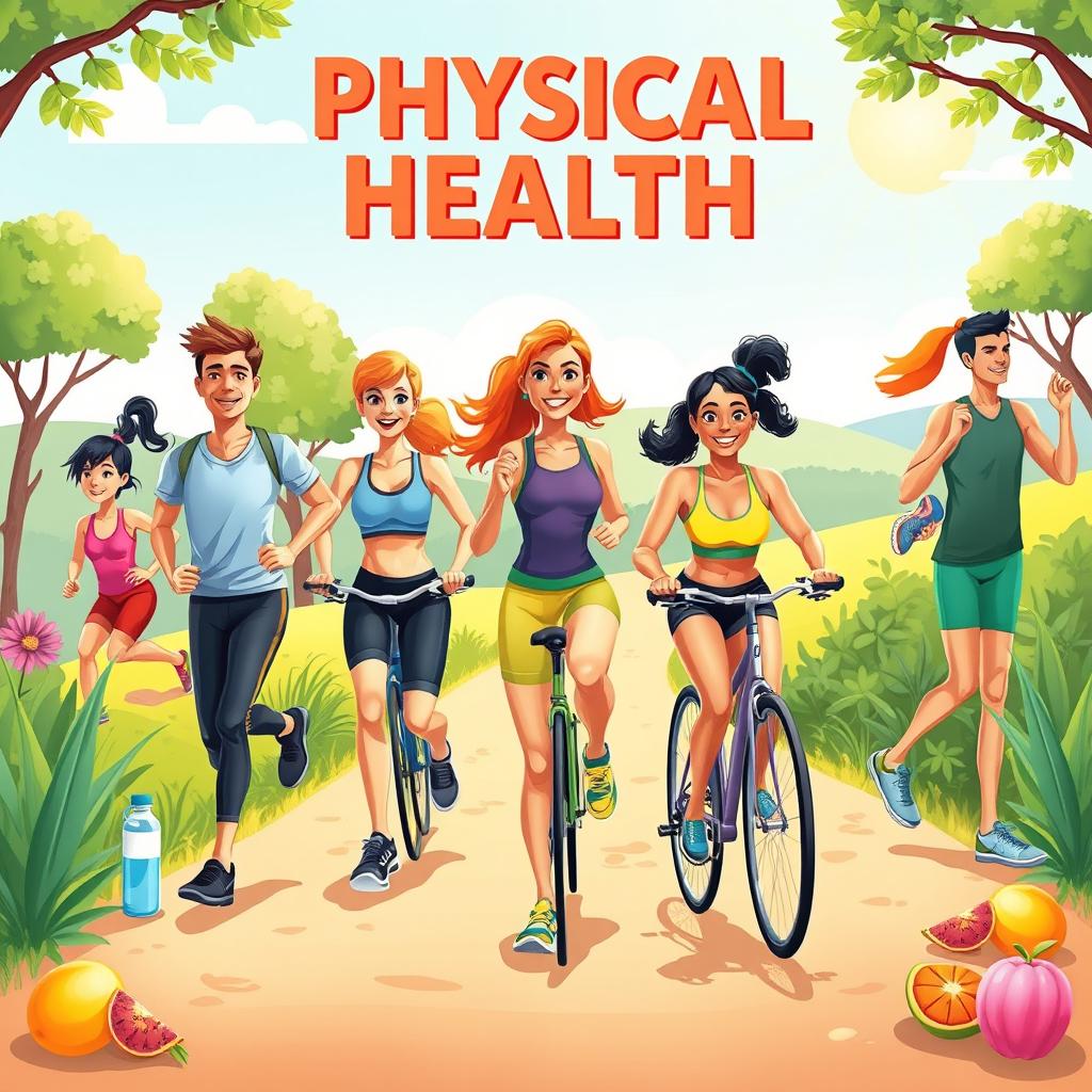 An engaging and dynamic illustration representing physical health, showcasing an active lifestyle that promotes fitness and well-being