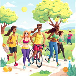 An engaging and dynamic illustration representing physical health, showcasing an active lifestyle that promotes fitness and well-being