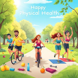 An engaging and vibrant illustration celebrating physical health, showcasing a lively outdoor scene that promotes fitness and an active lifestyle