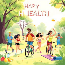 An engaging and vibrant illustration celebrating physical health, showcasing a lively outdoor scene that promotes fitness and an active lifestyle