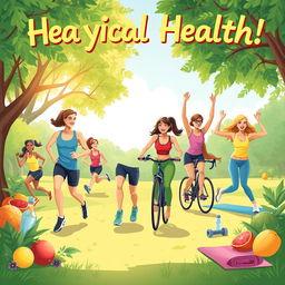 An engaging and vibrant illustration celebrating physical health, showcasing a lively outdoor scene that promotes fitness and an active lifestyle