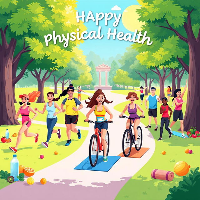 An engaging and vibrant illustration celebrating physical health, showcasing a lively outdoor scene that promotes fitness and an active lifestyle