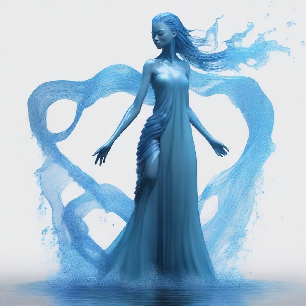 Create a human-sized water elemental with an androgynous figure, wearing human clothes that flow like water