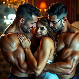 A dynamic and vibrant scene featuring two muscular men passionately engaging with a stunning young woman who has radiant blue eyes
