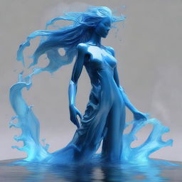 Create a human-sized water elemental with an androgynous figure, wearing human clothes that flow like water