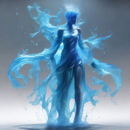 Create a human-sized water elemental with an androgynous figure, wearing human clothes that flow like water