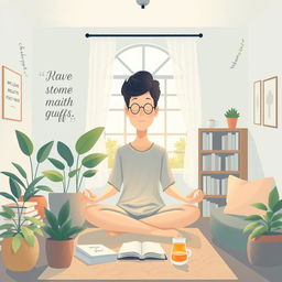 A serene and inspiring illustration depicting a healthy mind and mental well-being, set in a tranquil indoor environment such as a cozy meditation space or a peaceful study room
