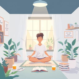 A serene and inspiring illustration depicting a healthy mind and mental well-being, set in a tranquil indoor environment such as a cozy meditation space or a peaceful study room