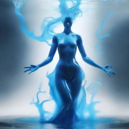 Create a human-sized water elemental with an androgynous figure, wearing human clothes that flow like water