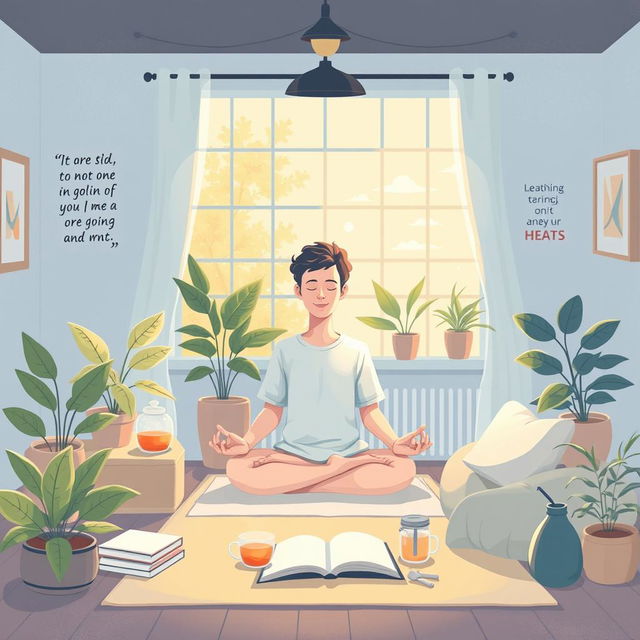 A serene and inspiring illustration depicting a healthy mind and mental well-being, set in a tranquil indoor environment such as a cozy meditation space or a peaceful study room