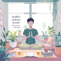 A serene and inspiring illustration depicting a healthy mind and mental well-being, set in a tranquil indoor environment such as a cozy meditation space or a peaceful study room