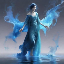 Generate an image of a human-sized androgynous water elemental, dressed in clothes that flow like water