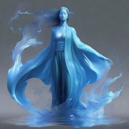 Generate an image of a human-sized androgynous water elemental, dressed in clothes that flow like water