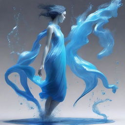 Generate an image of a human-sized androgynous water elemental, dressed in clothes that flow like water