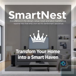 A promotional poster for a company named SmartNest, specializing in the design, setup, installation, and maintenance of smart home systems