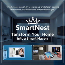 A promotional poster for a company named SmartNest, specializing in the design, setup, installation, and maintenance of smart home systems