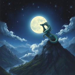 A majestic dragon perched on top of a mountain peak under a starry night sky