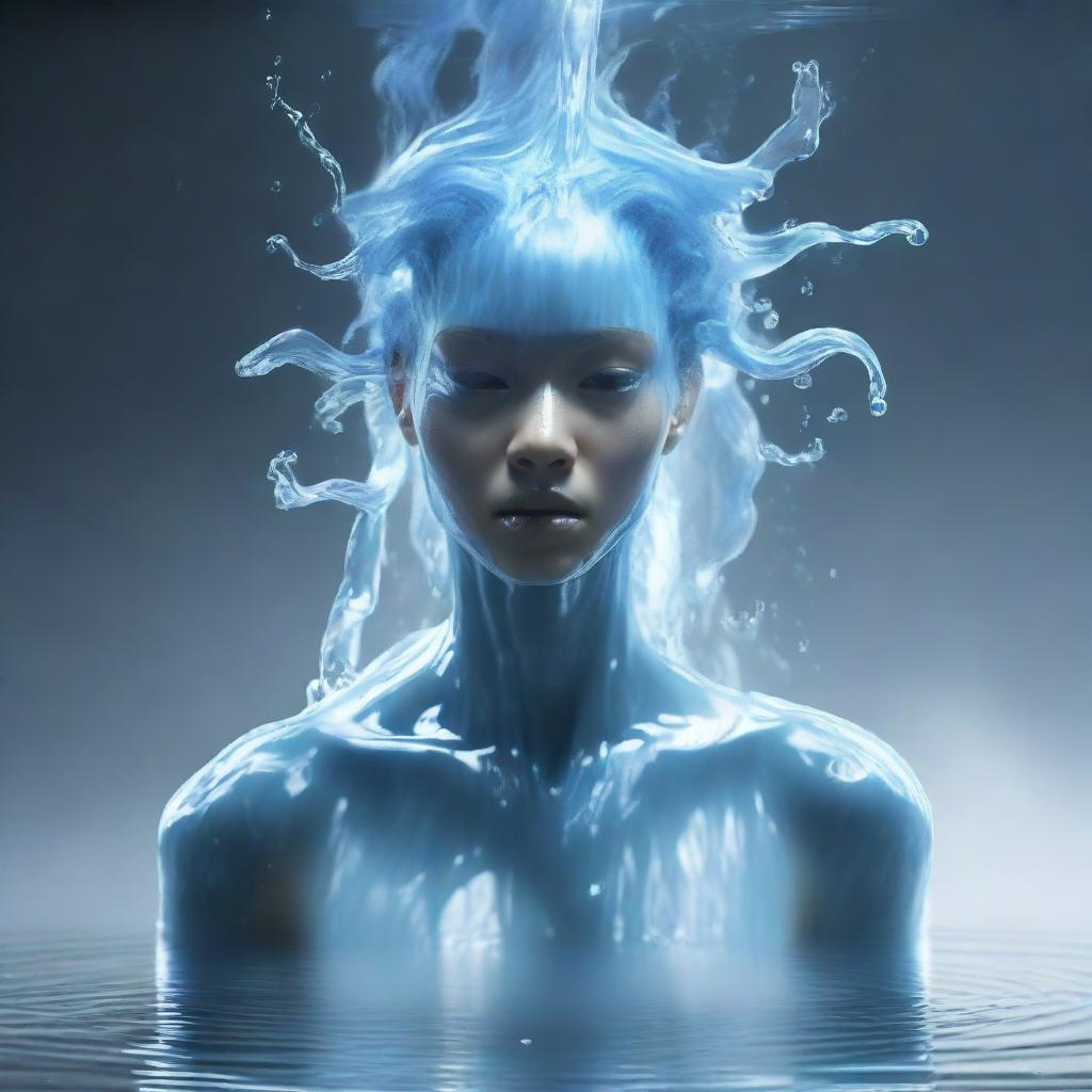 Generate an image of a human-sized water elemental with a humanoid form and gender-neutral appearance beneath watery clothes