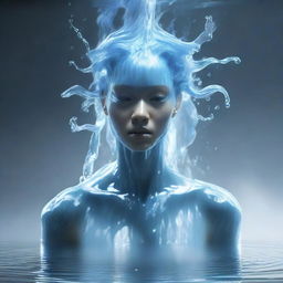 Generate an image of a human-sized water elemental with a humanoid form and gender-neutral appearance beneath watery clothes