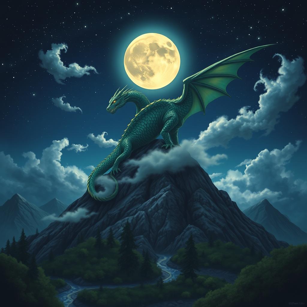 A majestic dragon perched on top of a mountain peak under a starry night sky