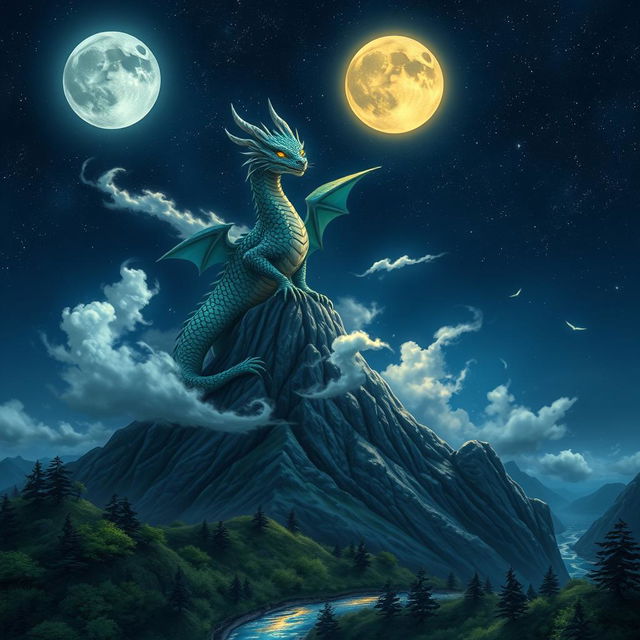 A majestic dragon perched on top of a mountain peak under a starry night sky