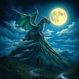 A majestic dragon perched on top of a mountain peak under a starry night sky