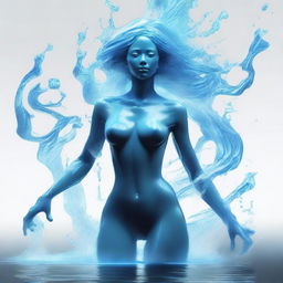 Generate an image of a human-sized water elemental with a humanoid form and gender-neutral appearance beneath watery clothes