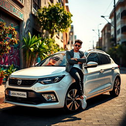 A dynamic scene featuring a stylish and sleek white Lada Priora car parked on a picturesque street