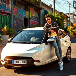 A dynamic scene featuring a stylish and sleek white Lada Priora car parked on a picturesque street