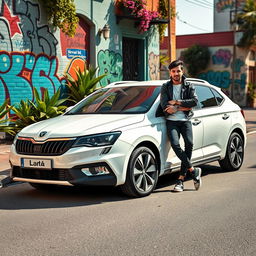 A dynamic scene featuring a stylish and sleek white Lada Priora car parked on a picturesque street