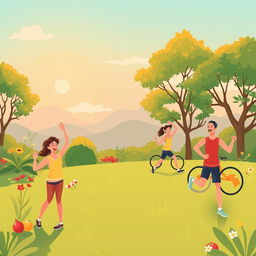Ilustrasi yang menarik dan ceria merayakan kesehatan fisik, menampilkan pemandangan outdoor yang hidup yang mempromosikan kebugaran dan gaya hidup aktif