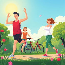 Ilustrasi yang menarik dan ceria merayakan kesehatan fisik, menampilkan pemandangan outdoor yang hidup yang mempromosikan kebugaran dan gaya hidup aktif