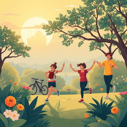 Ilustrasi yang menarik dan ceria merayakan kesehatan fisik, menampilkan pemandangan outdoor yang hidup yang mempromosikan kebugaran dan gaya hidup aktif