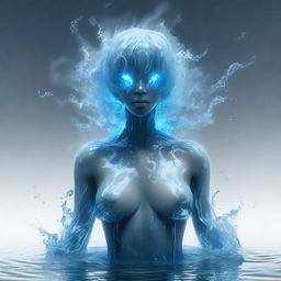 Generate an image of a human-sized water elemental with a humanoid form and gender-neutral appearance beneath watery clothes