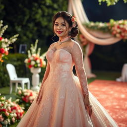 A beautiful Indonesian-Korean woman with a voluptuous figure, elegantly dressed in a stunning traditional wedding gown that beautifully blends cultural elements from both Indonesia and Korea