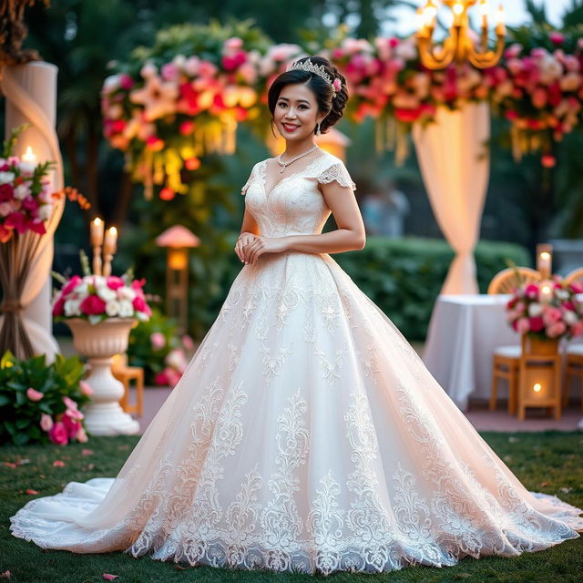 A beautiful Indonesian-Korean woman with a voluptuous figure, elegantly dressed in a stunning traditional wedding gown that beautifully blends cultural elements from both Indonesia and Korea