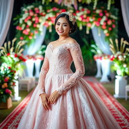 A beautiful Indonesian-Korean woman with a voluptuous figure, elegantly dressed in a stunning traditional wedding gown that beautifully blends cultural elements from both Indonesia and Korea