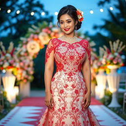 A beautiful Indonesian-Korean woman with a voluptuous figure, elegantly dressed in a stunning traditional wedding gown that beautifully blends cultural elements from both Indonesia and Korea